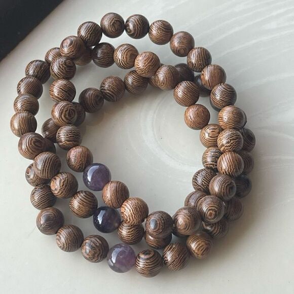 Sandalwood amethyst beaded bracelet ONE NEW stretch reiki meditation yoga - Picture 5 of 11